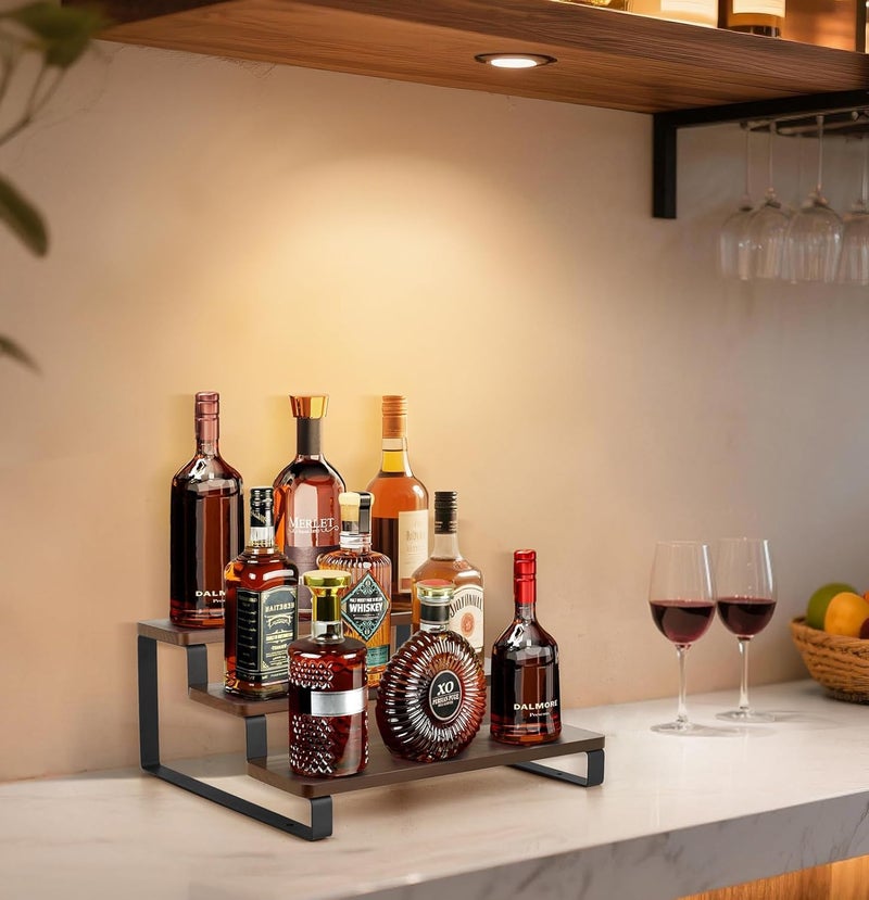 Mkono Small Liquor Bottle Display Shelf 3 Tier Coffee Bar Accessories Rustic Syrup Stand Wine Racks Countertop for Whiskey Tabletop Kitchen,13 Inch - Image 4